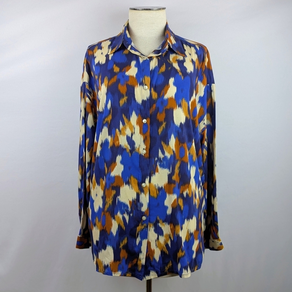 ANNA KAY Button Front Blouse Top Long Sleeve Spread Collar Abstract Print Blue L